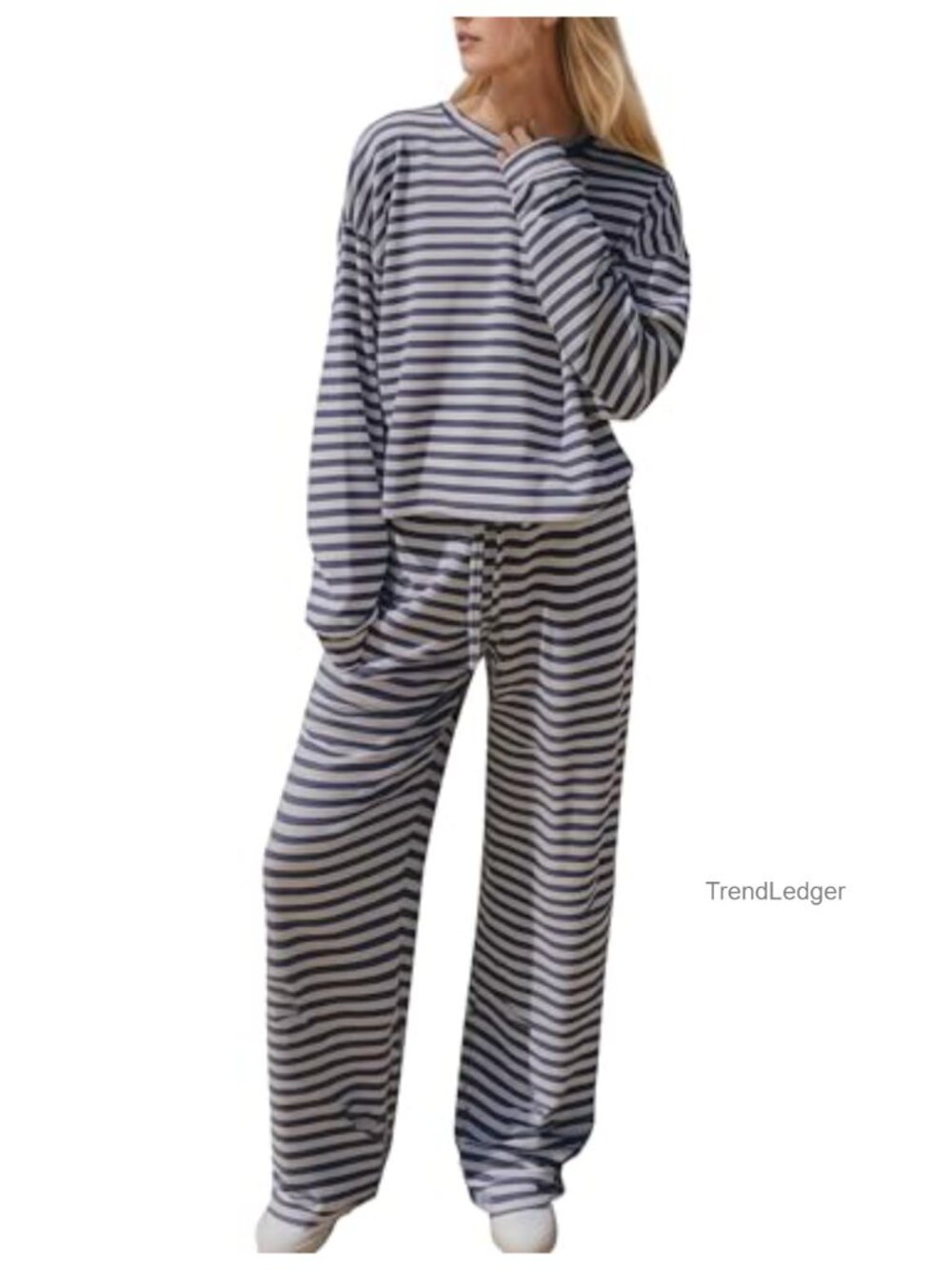 Striped Pajama Set Womens 2 Piece Cotton Lounge Wide Leg Pants Long Sleeve Tee
